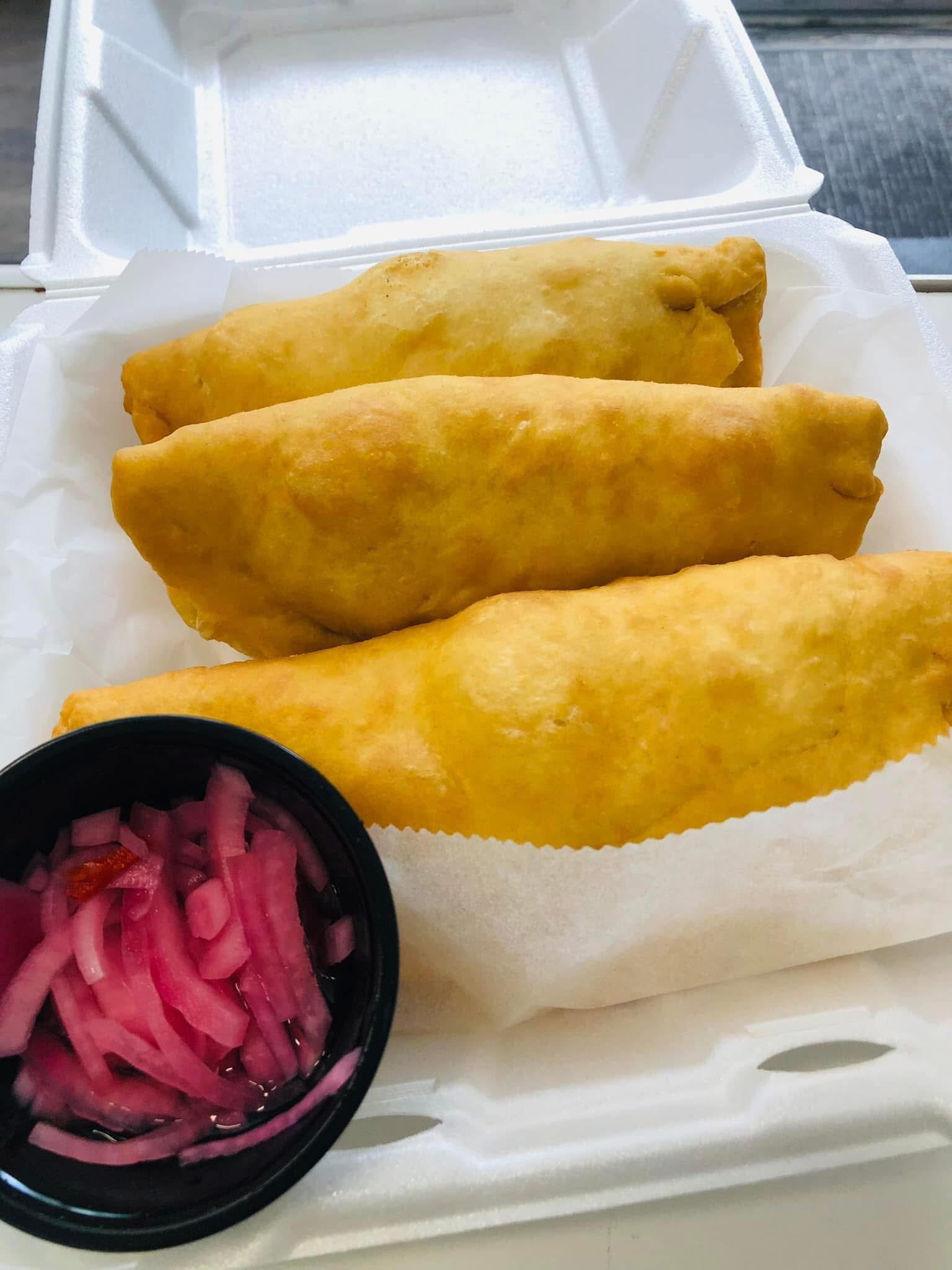 Stuffed fry jacks with pickled onions